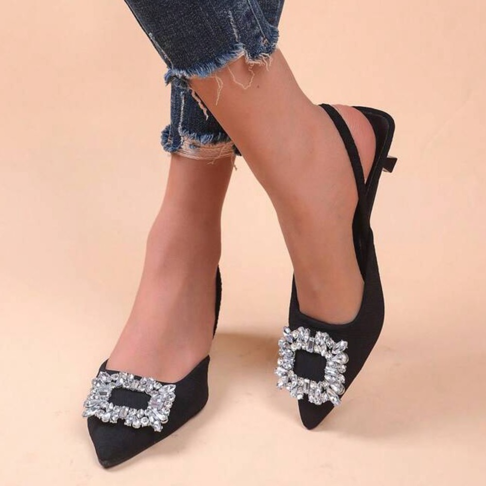 Black Embellished Pointed Slingback Heels